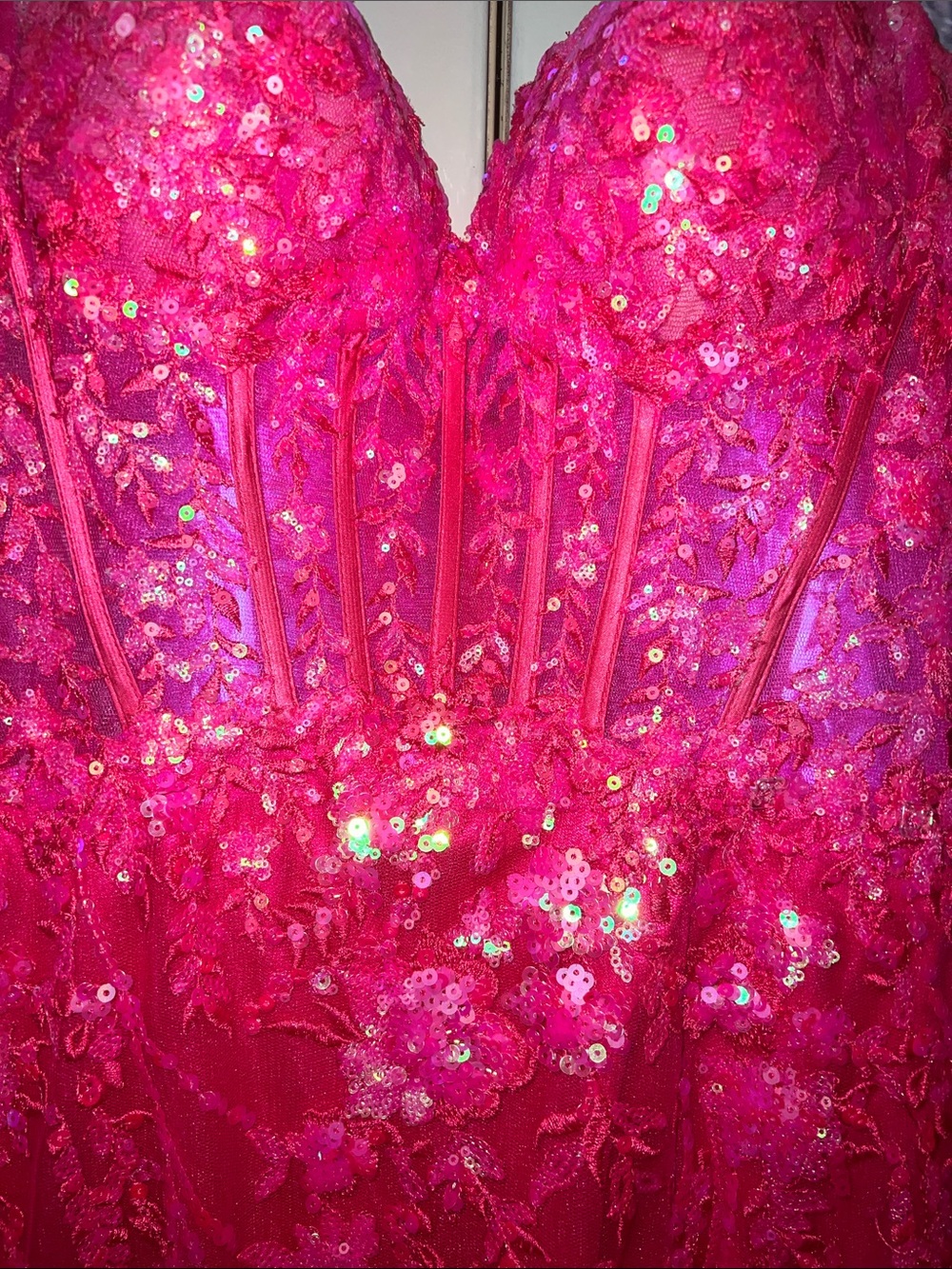 Sherri Hill Hot Pink Sequin High-Slit removable train prom dress - Picture 11 of 17